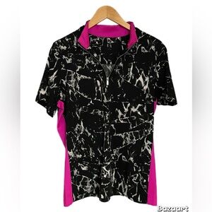 Tail Black Marble Print Golf Top with Bright Pink Panels size L